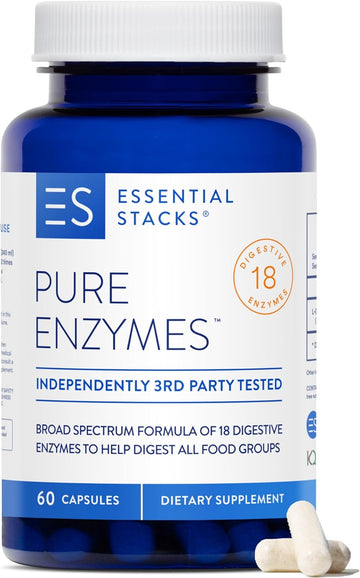 Essential Stacks Pure Digestive Enzymes (Gluten, Dairy & Soy Free) - 18 Enzymes for Digestion incl. Amylase, Lipase & Lactase - Vegetarian & Non-GMO (60 Capsules)