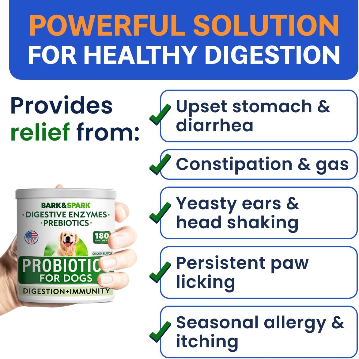 Bark&Spark Dog Probiotics & Digestive Enzymes (Gut Health) Allergy & Itchy Skin - Pet Diarrhea Gas Treatment Upset Stomach Relief, Digestion Health Prebiotic Supplement Tummy Treat (180Ct Chicken) : Pet Supplies