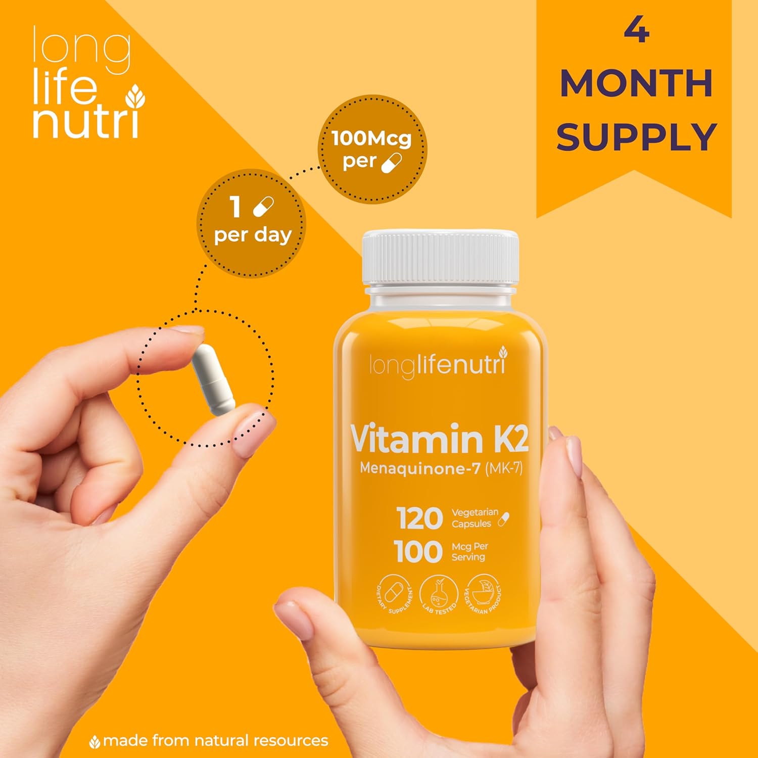 Longlifenutri Vitamin K2 Mk-7 100Mcg – Nutrient Support For Bones And Circulation, 120 Vegetarian Capsules, 4-Month Supply, Lab Tested, Made In The Usa, Non-Gmo : Health & Household