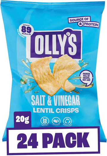 Olly'S Lentil Crisps, High Fibre, Source Of Protein, Handy Snack Packs, Vegan Snacks, Low Calorie, Low Fat, Healthy, Delicious Snacks (20G (Pack Of 24), Salt & Vinegar)