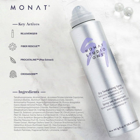 MONAT Studio One™ Dry Texturizing Spray Infused with Rejuveniqe® S - A Dry Hair Texturizer and Extra Hair Volumizer for Undone Styles. Net Wt 141.7g / 5 oz e 135.3 ml / 4.6 fl oz