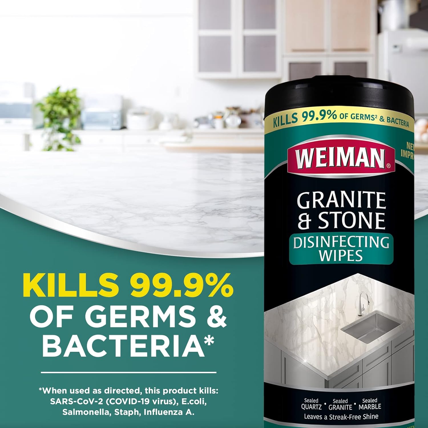 Weiman Granite Disinfectant Wipes - 30 Wipes with Polishing Cloth - 2 Pack - Disinfect Clean and Shine Sealed Granite Marble Quartz Slate Limestone Soapstone Tile Countertops - Packaging May Vary : Health & Household