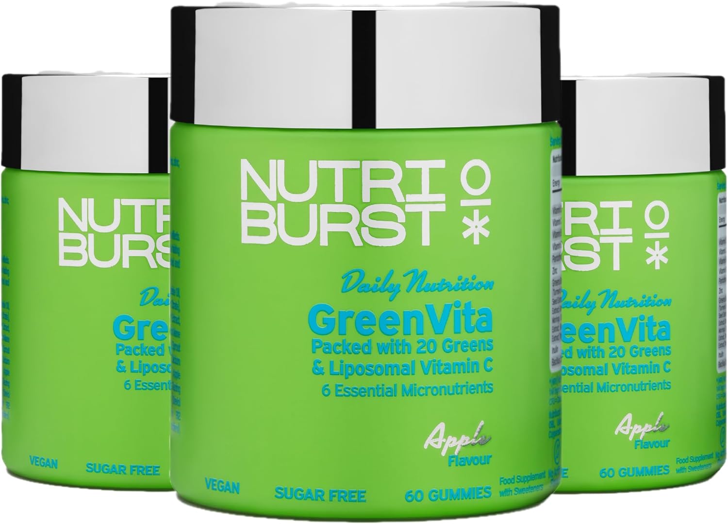 Nutriburst Greenvita Multipack - Vegan Super Greens Blend - Fruit + Veg + 100% Fruiting Bodies Mushrooms + 200 Million Live Bacteria Cultures - Boosted With Vitamins - 3 X 60 Gummies / 3 Month Supply