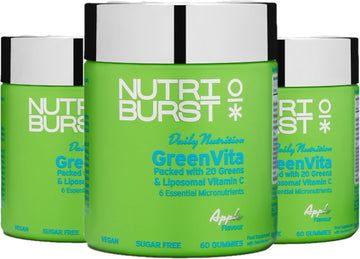Nutriburst Greenvita Multipack - Vegan Super Greens Blend - Fruit + Veg + 100% Fruiting Bodies Mushrooms + 200 Million Live Bacteria Cultures - Boosted With Vitamins - 3 X 60 Gummies / 3 Month Supply