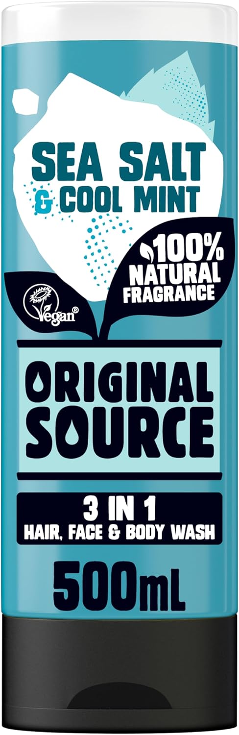 Original Source Mens 3In1 Sea Salt & Cool Mint Shower Gel, 100 Percent Natural Fragrance, Vegan, Cruelty Free, Paraben Free, Bulk Buy, Pack Of 6 X 500 Ml