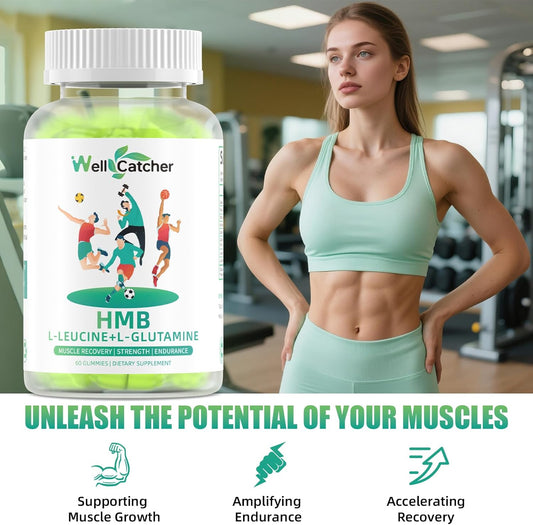 Hmb And Leucine Supplements Gummies: Hmb Supplements For Men Women With Leucine Amino Acid L-Glutamine Support Muscle Growth Relief Fast Workout Recovery Sugar Free Vegan Apple Flavor 30 Day Supply