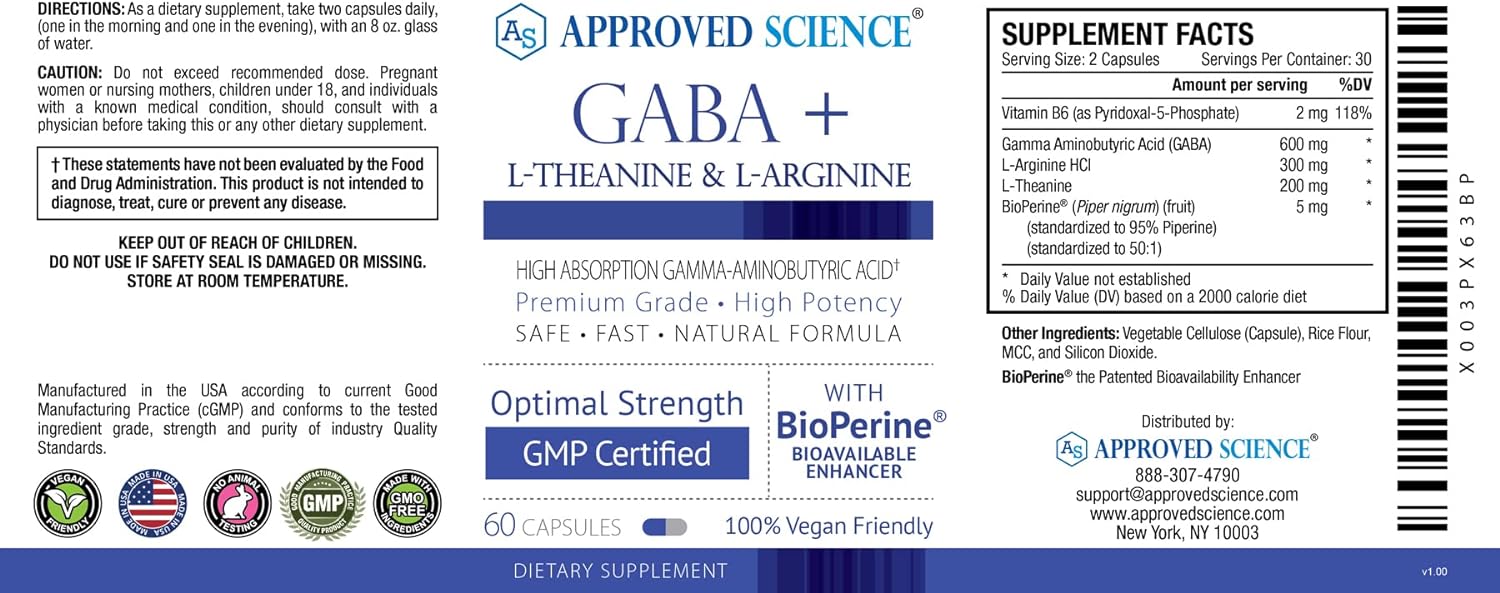 Approved Science GABA+ - Promote Calm, Improve Sleep, Boost Mood - GABA, L-Theanine, L-Arginine, Vitamin B6, BioPerine - High Absorption - 60 Capsules - Vegan : Health & Household