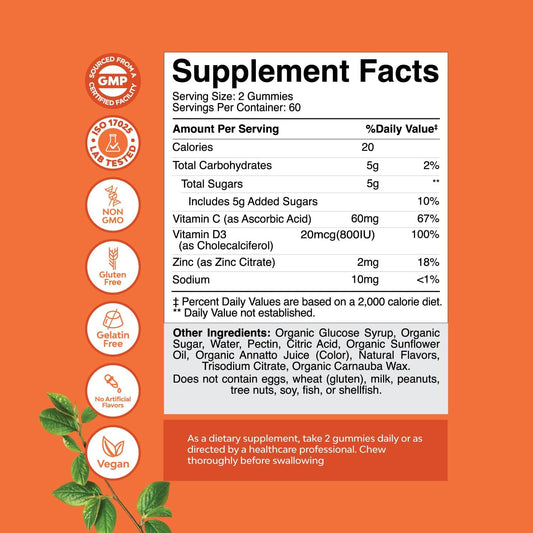 Vegan Organic Immune Support Gummies - D3 Zinc And Vitamin C Gummies For Adults Immunity - Organic Vitamin D Gummies For Adults Immune Support Supplement - Gluten Free & Non-Gmo (60 Servings)