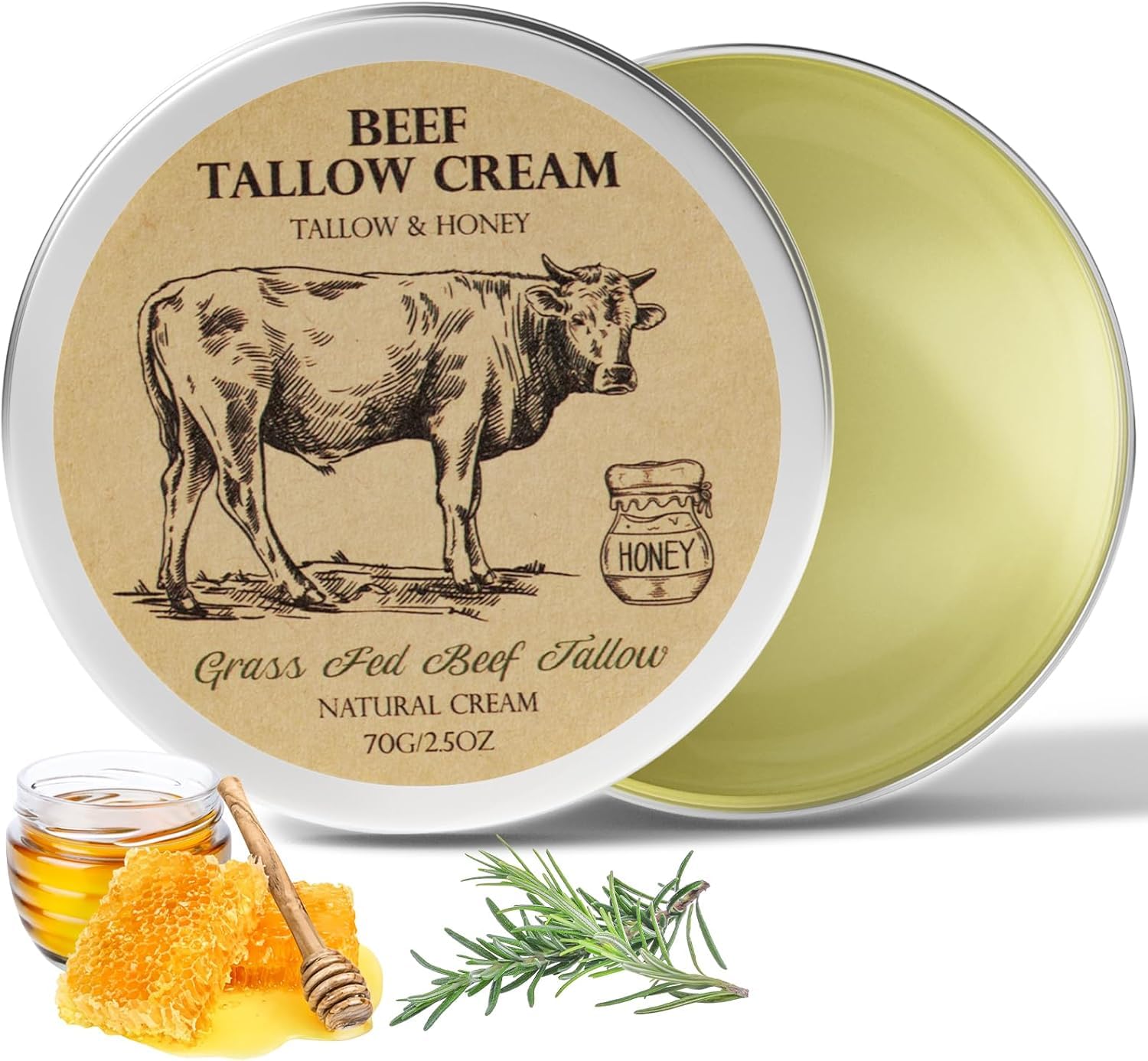 Beef Tallow For Skin, Tallow And Honey Cream,Tallow Face Moisturizer, Natural Grass-Fed Beef Tallow Balm With Raw Honey Moisturizing Cream For Body Lotion Skin Care For Skin (2.47 Oz)