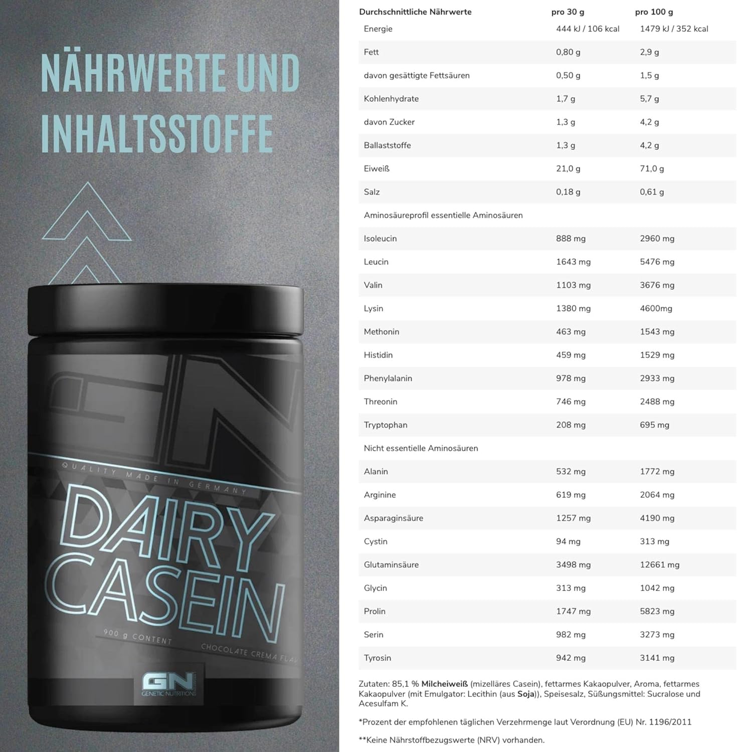 Gn Laboratories 100% Dairy Casein - Casein Anti-Catabolic Long-Term Protein With Bcaa Glutamine Protein Shake Bodybuilding - 900G (Chocolate)