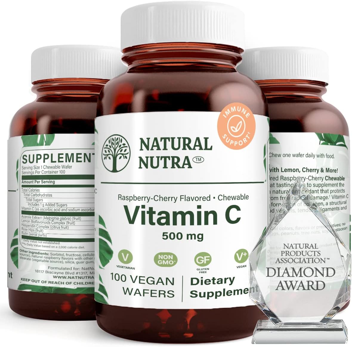 Natural Nutra Vitamin C Supplement for Kids and Adults, Immune Booster, Protect Skin and Heart Health, Vegetable Source, 500 mg, 100 Vegan Wafers