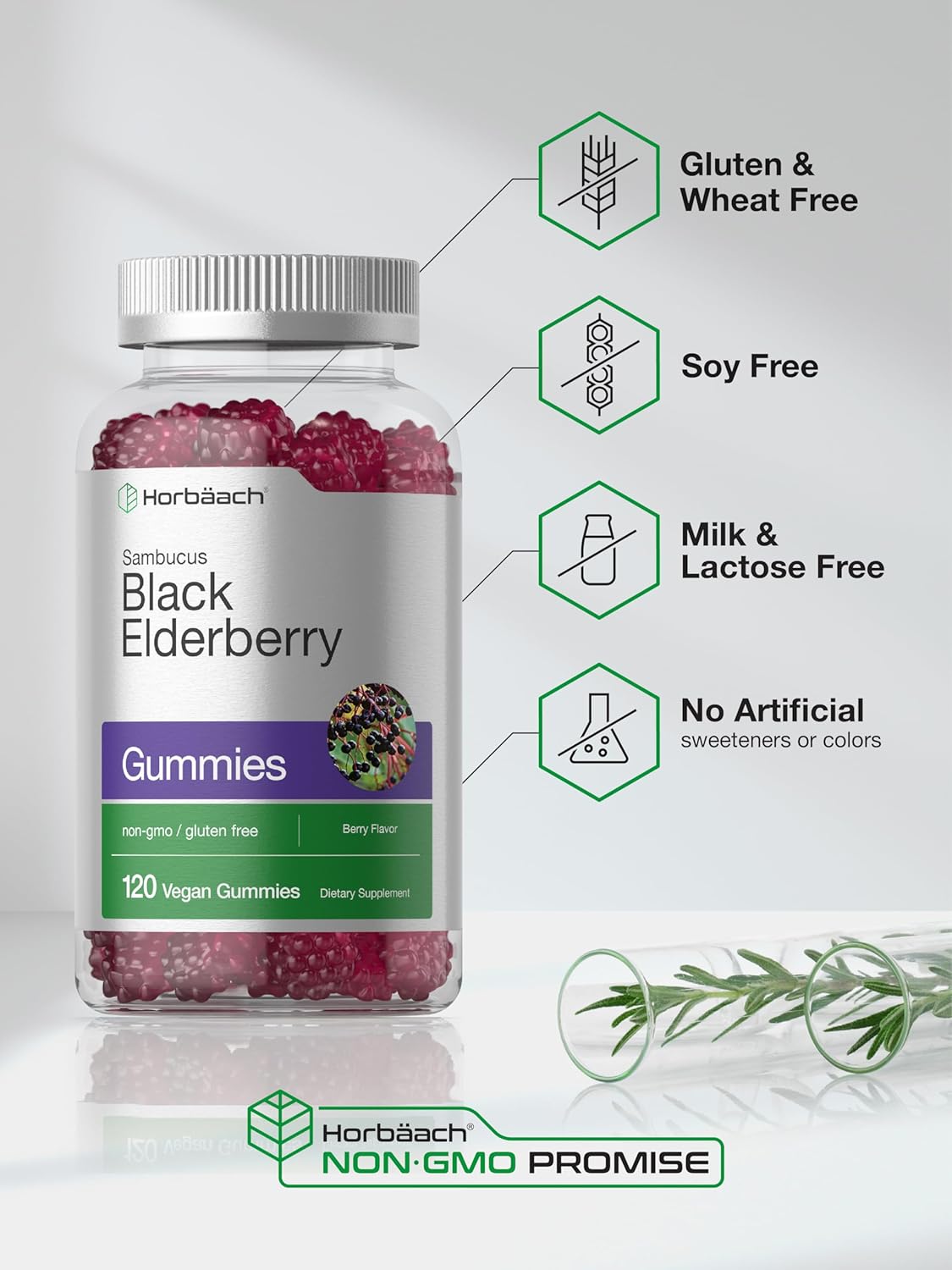 Horbäach Sambucus Black Elderberry Gummies | 120 Count | with Zinc and Vitamin C | Vegan, Non-GMO, Gluten Free Extract for Adults | Berry Flavor : Health & Household