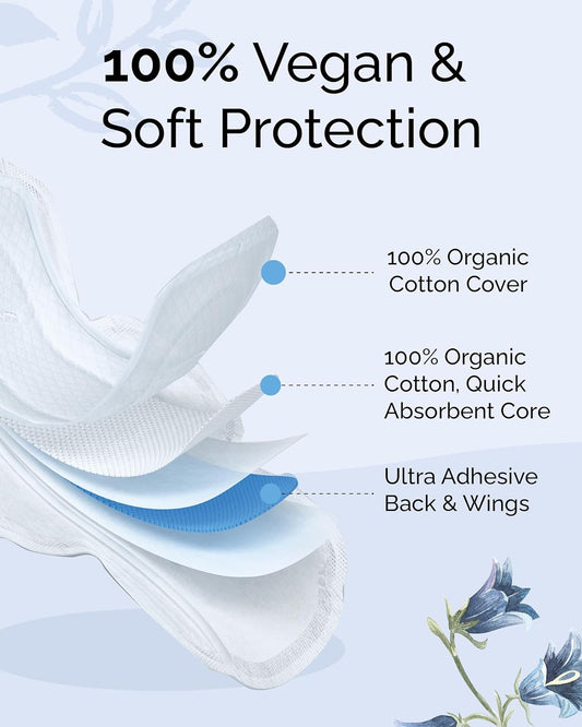 Premium Vegan Organic Sanitary Pads (Large, 28cm, 56 Counts) - 100% Organic Cotton Cover, Core & Wings for Women. Unscented, Hypoallergenic, Ultra-Thin, Maximum Absorbency