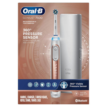 Oral-B 7500 Electric Toothbrush, Rose Gold With 4 Brush Heads And Travel Case - Visible Pressure Sensor To Protect Gums - 5 Cleaning Modes - 2 Minute Timer