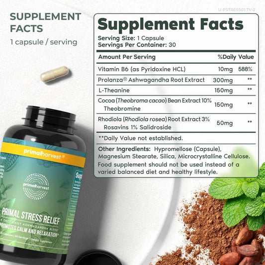 Primal Harvest Stress Relief Supplement For Women And Men Pure Ashwagandha Root Extract, L-Theanine Supplements, 30 Capsules