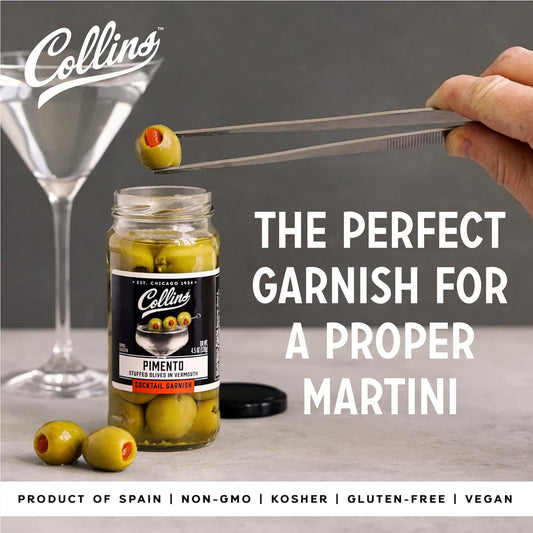 Collins Gourmet Vermouth Pimento Olives | Premium Garnish for Cocktails, Martinis, Drinks, Salads, Snack Trays, Charcuterie, and Cheese Spreads, 5oz