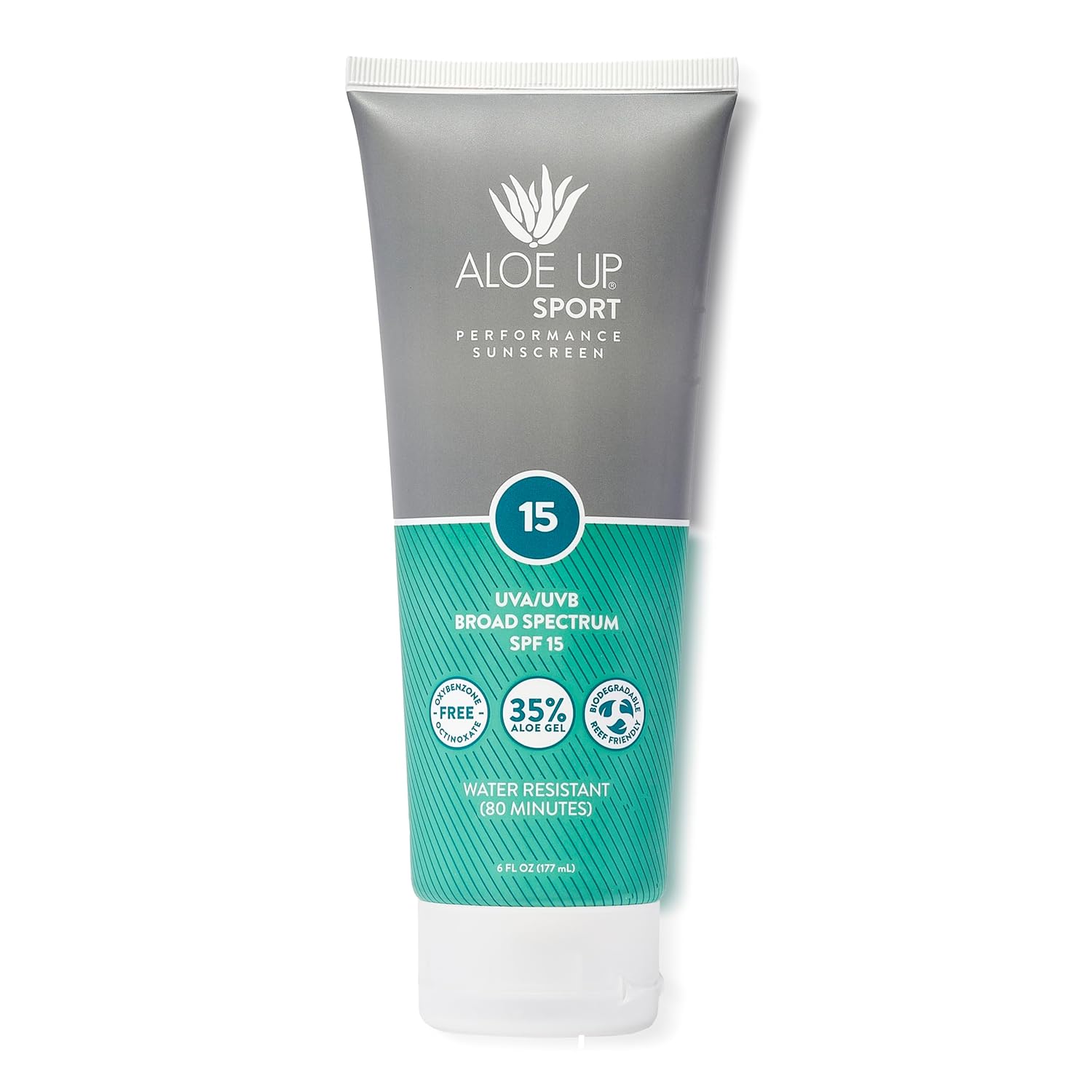 Aloe Up Sport Sunscreen Lotion SPF 15 - Broad Spectrum UVA/UVB Sunscreen Protector for Face and Body - With Hydrating Aloe Vera Gel - Non-Greasy - No White Cast - Reef Safe - Fragrance-Free - 6 Oz