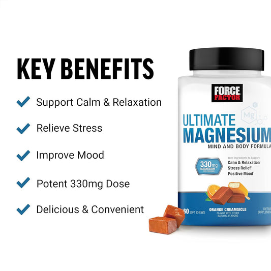 Force Factor Ultimate Magnesium Supplement, Magnesium For Stress Relief, Calm, And Relaxation, Magnesium Chewable, Vegan, Gluten Free, & Non-Gmo, Orange Creamsicle Flavor, 60 Soft Chews
