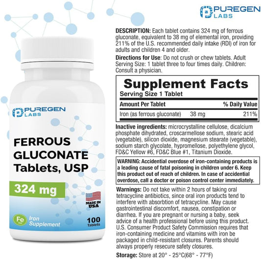 Puregen Labs Ferrous Gluconate 324 Mg [High Potency] Iron Supplement, Gentle On Stomach - 100 Tablets