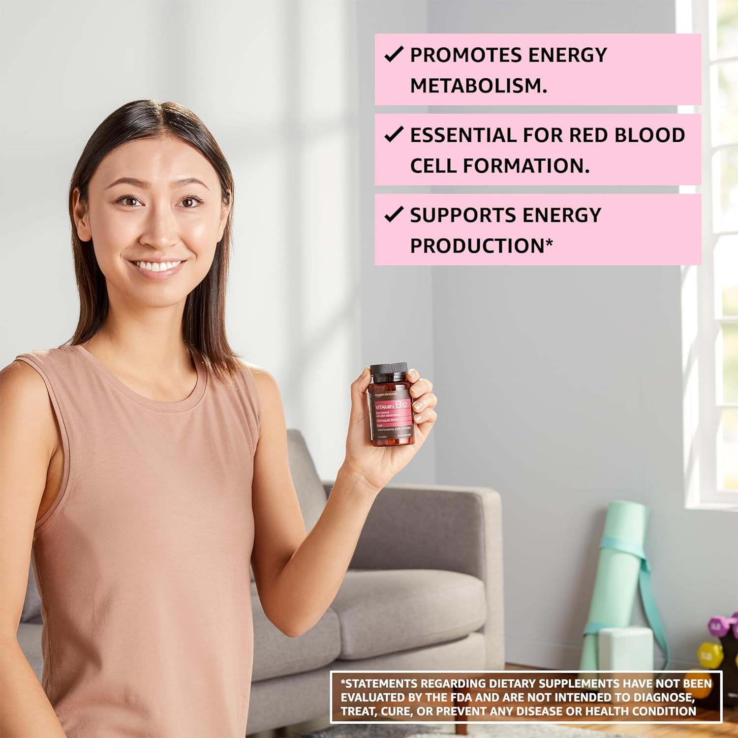 Amazon Elements Vitamin B12 Methylcobalamin 5000 mcg - Normal Energy Production and Metabolism, Immune System Support - 2 Month Supply, Berry Flavored Lozenges, 65 Count (Pack of 1) : Health & Household