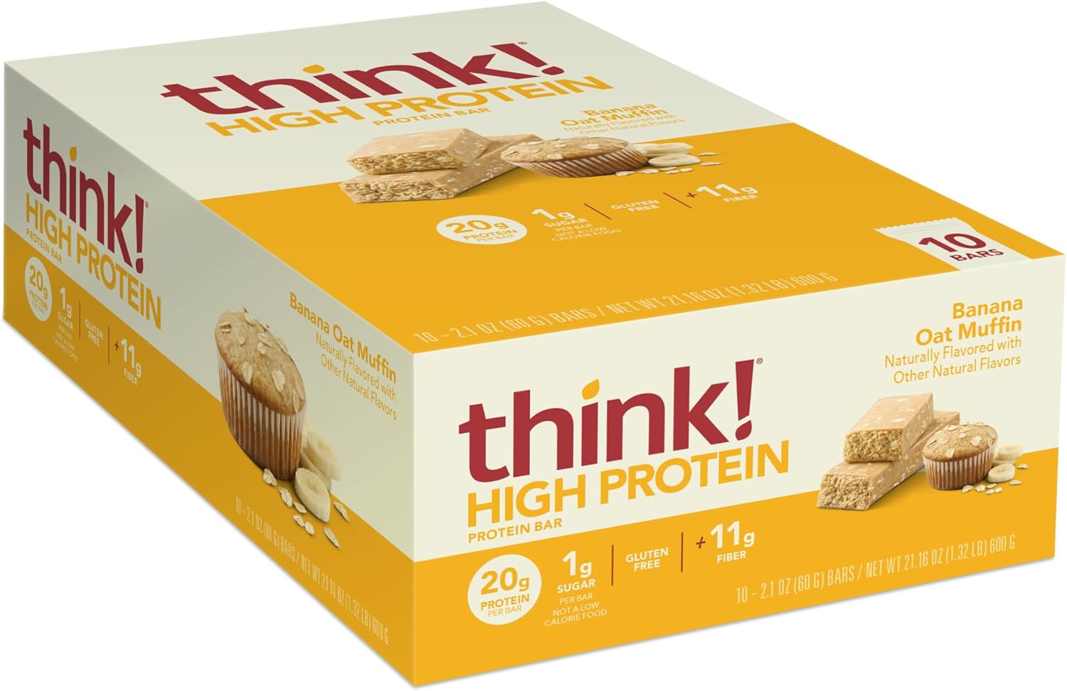 Think! Protein Bars, High Protein Snacks, Gluten Free, Kosher Friendly, Banana Oat Muffin, 10 Count