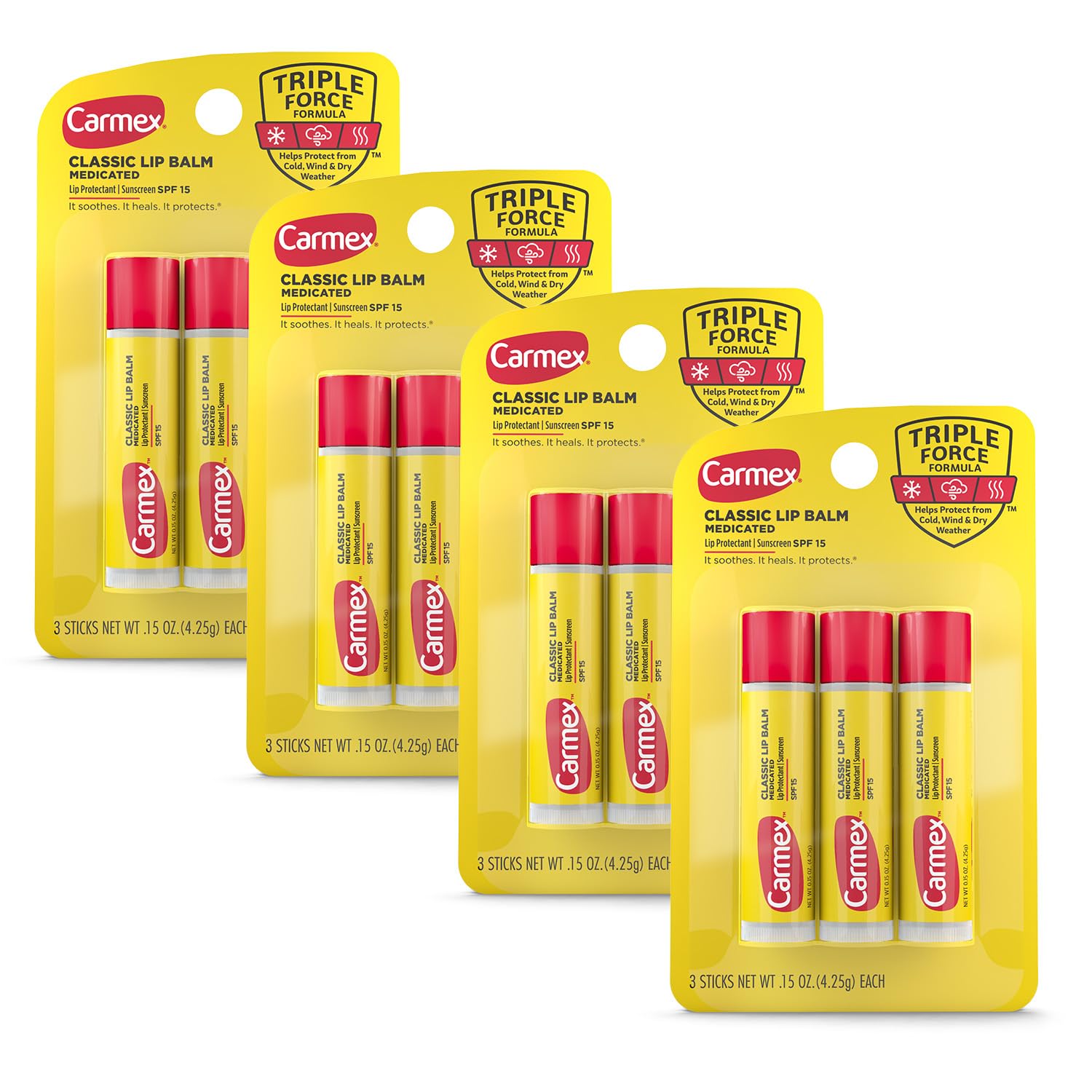 Carmex Classic Medicated Lip Balm Sticks, Lip Moisturizer For Chapped Lips, 12 Count (4 Packs Of 3)