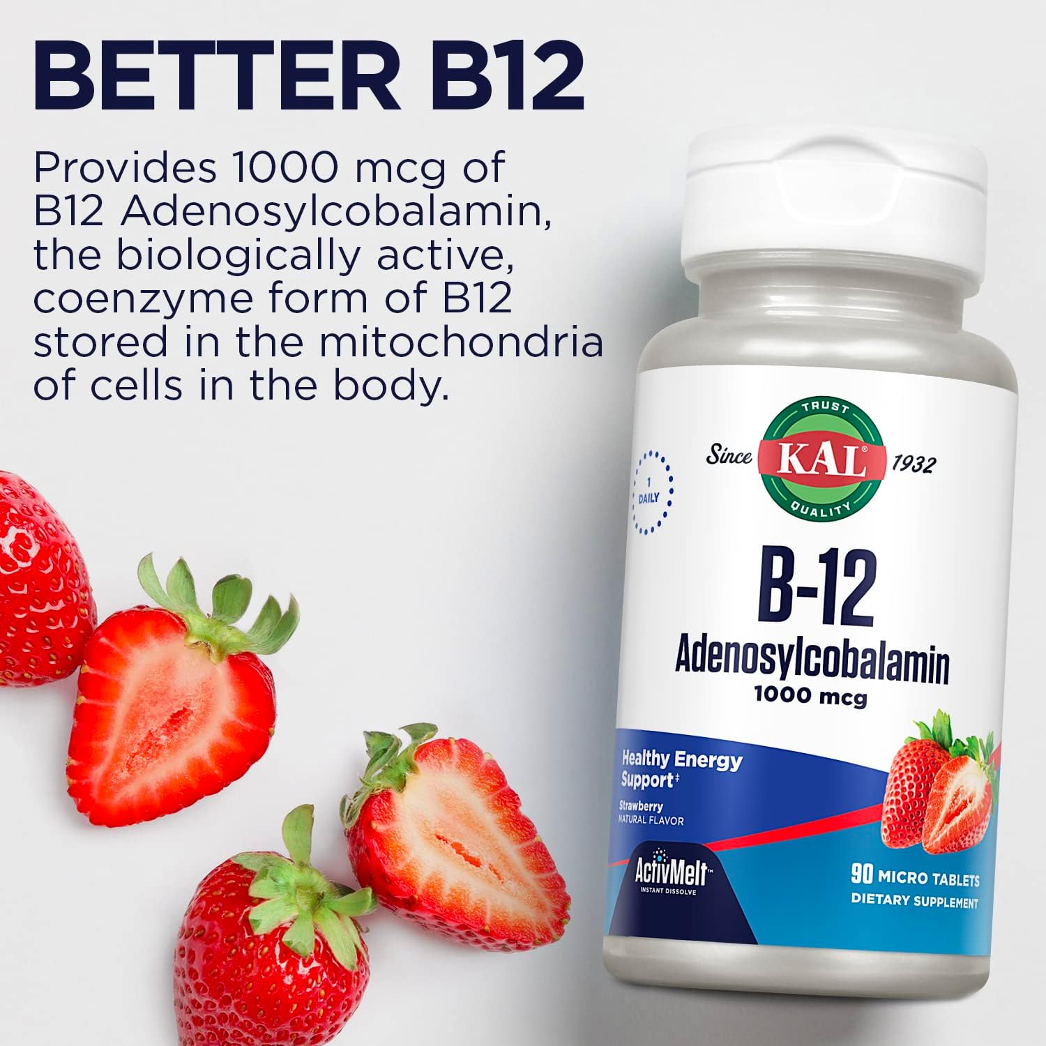 KAL Vitamin B12 1000 mcg Adenosylcobalamin ActivMelt, B12 Energy Supplements, Metabolism, Nerve and Red Blood Cell Support, High Absorption, Vegetarian, Natural Strawberry, 90 Serv, 90 Micro Tablets : Health & Household
