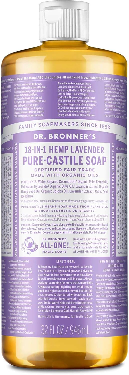 Dr. Bronner'S Pure Castile Liquid Soap - Made With Regenerative Organic Certified Oils - 18-In-1 Uses For Face, Body, Hand, Hair- Gentle On Sensitive Skin - All Natural Body Wash- Lavender,32Oz