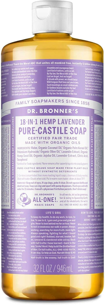 Dr. Bronner'S Pure Castile Liquid Soap - Made With Regenerative Organic Certified Oils - 18-In-1 Uses For Face, Body, Hand, Hair- Gentle On Sensitive Skin - All Natural Body Wash- Lavender,32Oz