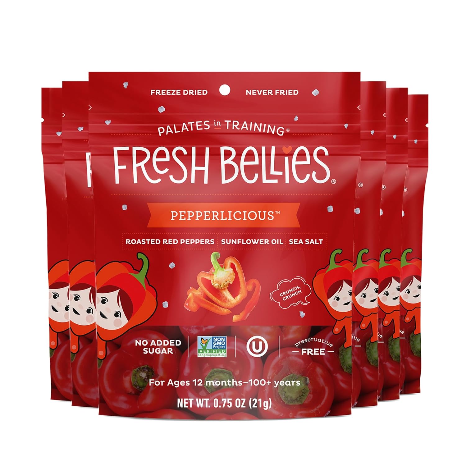 Fresh Bellies Vegan Healthy Snacks for Kids and Toddlers, Kid Snacks with No Added Sugar, Gluten Free Snacks, Freeze Dried Baby Snacks 12m+, Paleo Friendly, Non GMO, Kosher, Pepperlicious, 6 pack