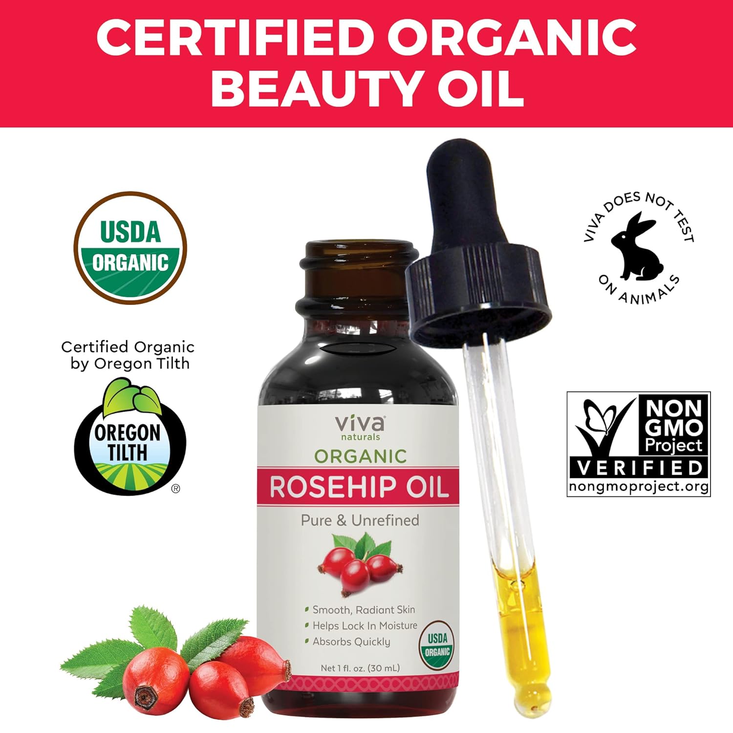 Viva Naturals Organic Rosehip Seed Oil (1 fl oz) - 100% Pure, Cold Pressed Moisturizing Rose hip Oil for Face, Hair, Dry Skin & Nails, Non-GMO : Beauty & Personal Care