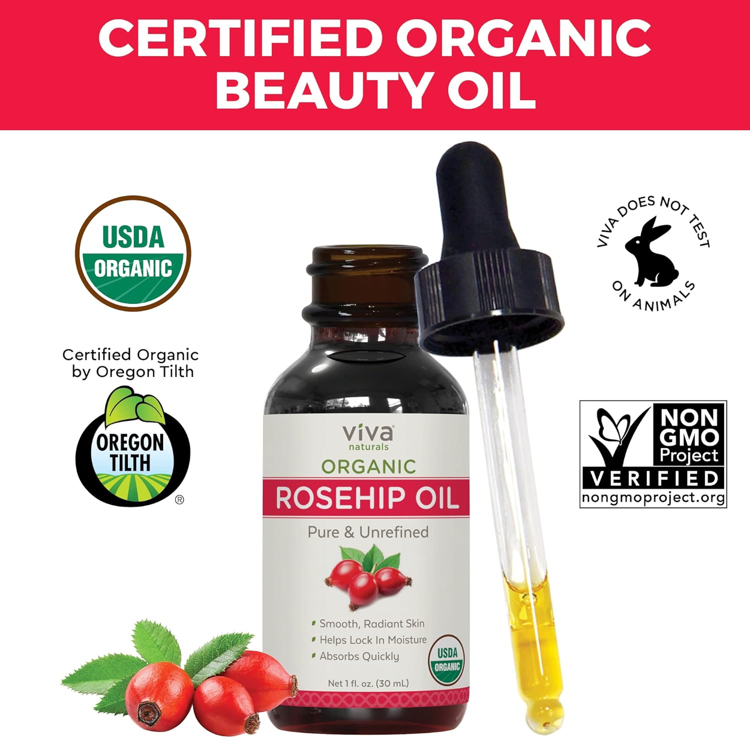 Viva Naturals Organic Rosehip Seed Oil (1 fl oz) - 100% Pure, Cold Pressed Moisturizing Rose hip Oil for Face, Hair, Dry Skin & Nails, Non-GMO : Beauty & Personal Care