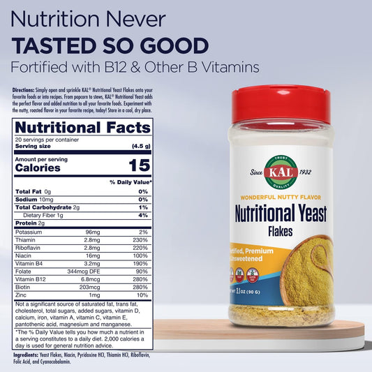 Kal Nutritional Yeast Flakes, Fortified With B12, Folic Acid & Other B Vitamins, Unsweetened, Great Nutty Flavor, Vegan & Gluten Free, 60-Day Money Back Guarantee, Made In The Usa, 20 Servings, 3.1Oz