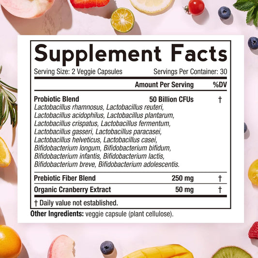 Doctor'S Recipes Women’S Probiotic, 60 Caps 50 Billion Cfu 16 Strains, With Organic Cranberry, Digestive Immune Vaginal & Urinary Health, Shelf Stable, Delayed Release, No Soy Gluten Dairy
