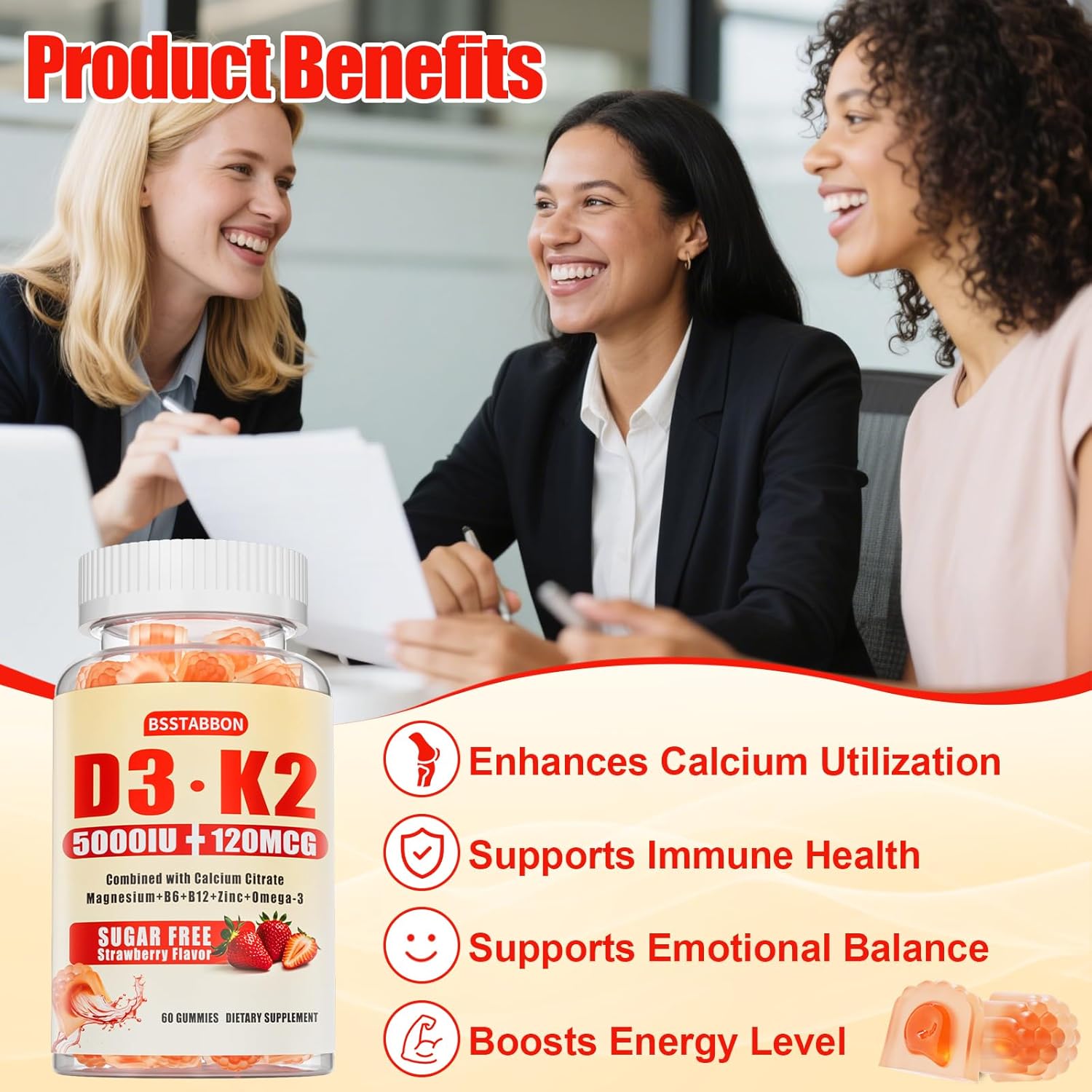 Vitamin D3 K2 Gummies For Women: Sugar Free Chewable 5000 Iu D3 + 120 Mcg K2 (Mk-7) Supplement With Magnesium Omega-3 Zinc Calcium Methyl B12 For Immune Health - High Absorption For Adults(60Count) : Health & Household