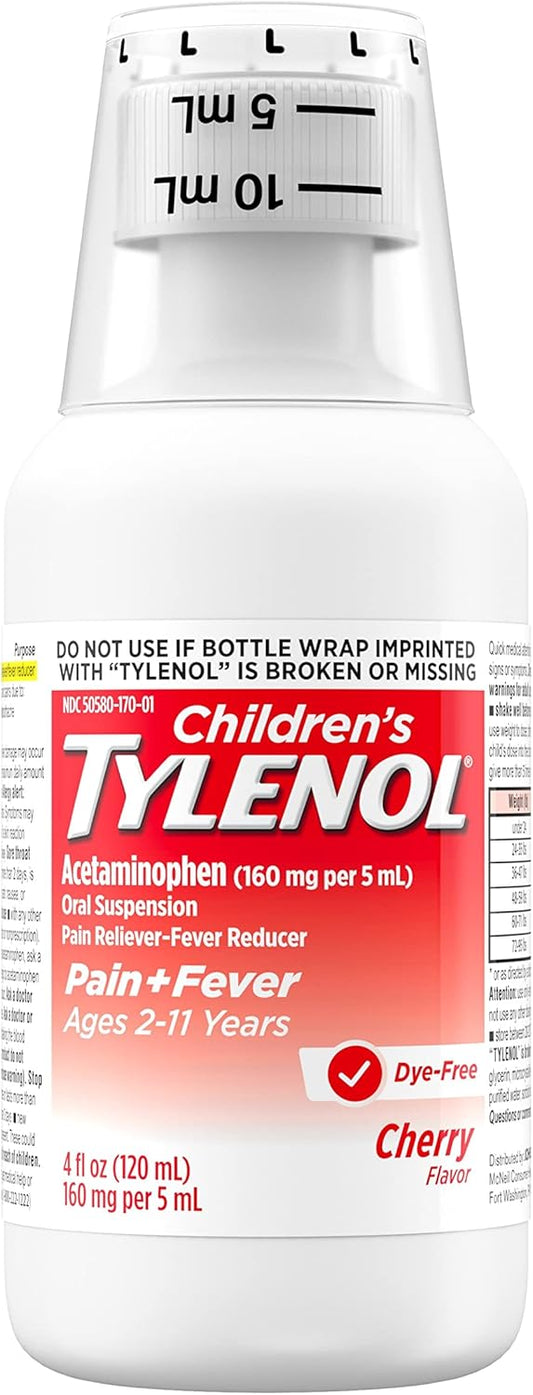 Children'S Tylenol Liquid Oral Suspension Pain Reliever & Fever Reducer With Acetaminophen, Aspirin-, Ibuprofen-, High Fructose Corn Syrup- & Dye-Free, Cherry, 4 Fl. Oz