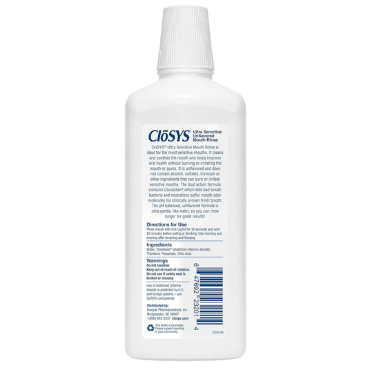 CloSYS Ultra Sensitive Mouthwash, 32 Ounce (Pack of 2), Unflavored (Optional Flavor Dropper Included), Alcohol Free, Dye Free, pH Balanced, Helps Soothe Entire Mouth