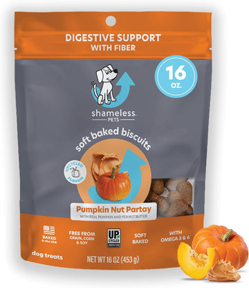 Shameless Pets Soft-Baked Dog Treats, Pumpkin Nut Partay - Natural & Healthy Dog Chews for Digestive Support with Fiber - Dog Biscuits Baked & Made in USA, Free from Grain, Corn & Soy - 1-Pack