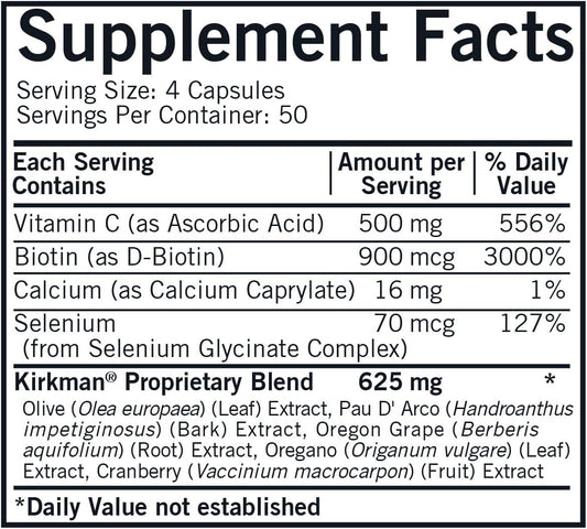 Kirkman - Yeast Aid Advanced Formula - 200 Capsules - Supports Yeast Control - Immune System Support - Hypoallergenic