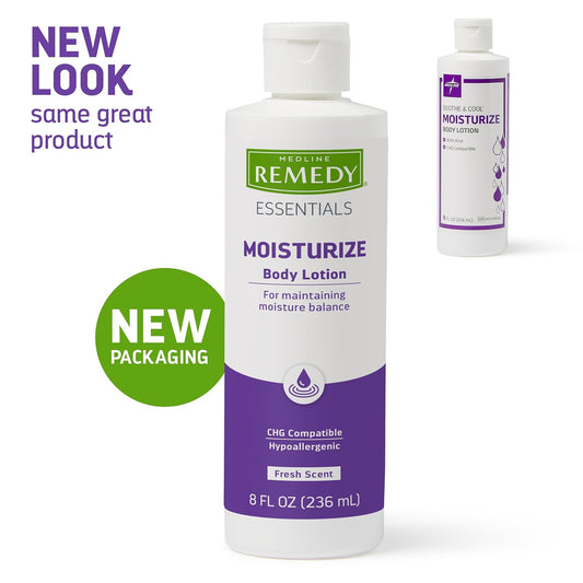 Medline Remedy Essentials Moisturizing Body Lotion, 8 Fl Oz (Pack of 12), Fresh Scent, Hydrating, Non-Greasy, For Dry Skin, Hypoallergenic, Men, Women, Elderly