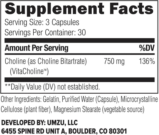 Umzu Choline Supplement For Cognitive And Hormonal Support | Acetylcholine Booster Helps Brain Focus, Memory & Metabolism | Promotes Liver Health & Estrogen Balance (30 Day Supply | 90 Capsules)