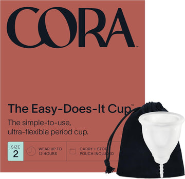 Cora Menstrual Period Cup | Comfortable, Easy To Use | Medical Grade Silicone | Flexible Fit | Leak Proof, Sustainable, Reusable Alternative To Tampons/Pads (Size 2, Medium-Heavy Flow)