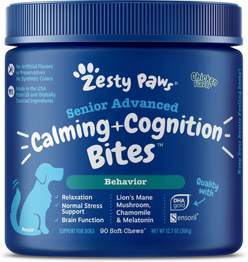 Zesty Paws Senior Advanced Calming & Cognition Soft Chews For Dogs - Supplements For Dog Brain Health & Nervous System Support + Calming & Relaxation -With Ashwagandha, Dha & Melatonin