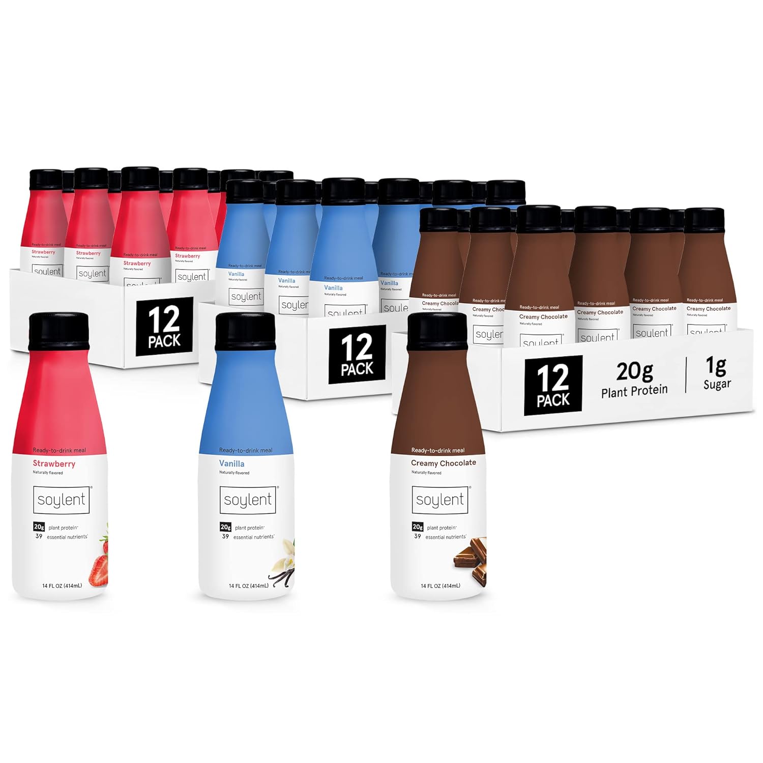 Soylent Meal Replacement Shake Neapolitan Bundle - Creamy Chocolate, Vanilla And Strawberry Flavors - 3 12-Packs Of 14 Oz Bottles - 36 Total