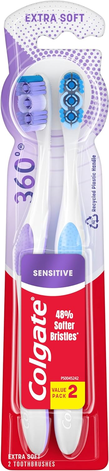 Colgate 360 Extra Soft Toothbrush For Sensitive Teeth And Gums With Tongue And Cheek Cleaner - 2 Count