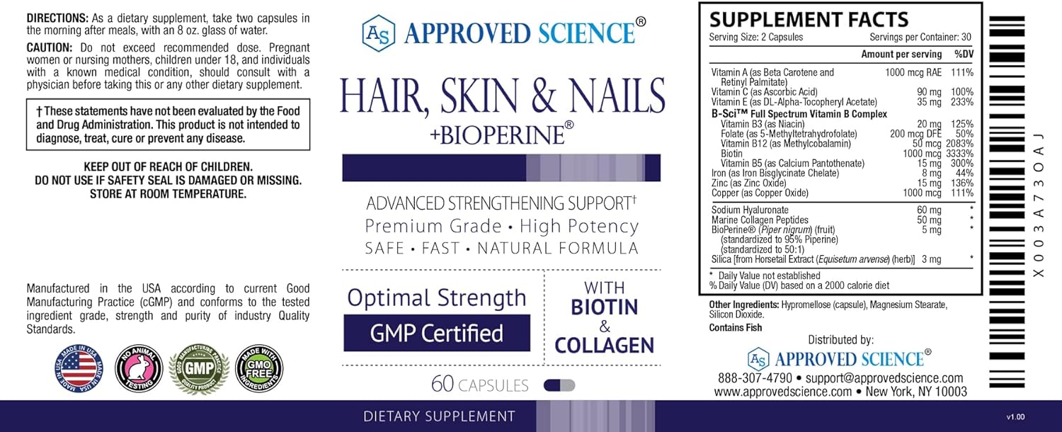 Approved Science Hair, Skin and Nails - Support Supplement - Biotin, Collagen, Vitamin B Complex, Silica, BioPerine - 60 Capsules - 1 Month Supply : Beauty & Personal Care