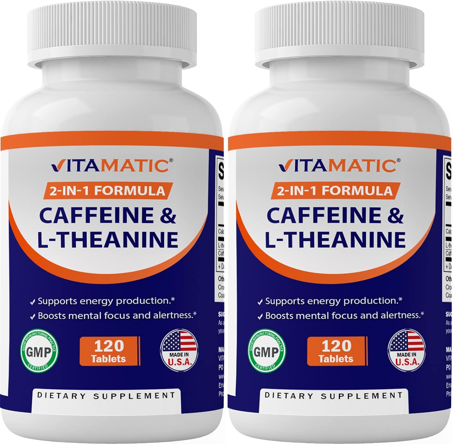 Vitamatic 2 Packs Caffeine Pills with L-Theanine - 300 mg per Tablet - 120 Vegetarian Tablets - Nootropic Supplement for Focused Energy (Total 240 Tablets)