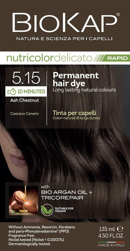 Biokap Ash Chestnut 5.15 Rapid Hair Dye 135 Ml - Works In Just 10 Mins, Permanent, Vegan & Natural Nourishing Formula Suitable For Sensitive Skin