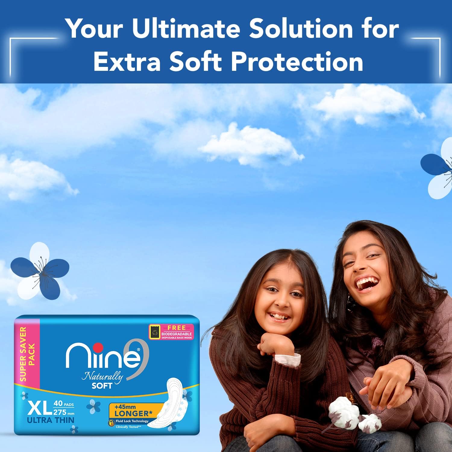 Niine Naturally Soft Ultra Thin XL Sanitary Pads for Women| 40 Pads, Pack of 1| 275mm Long| Cottony Soft Top Cover| Fast Absorption| With Fluid Lock Gel Technology| With Free Biodegradable Disposable : Industrial & Scientific