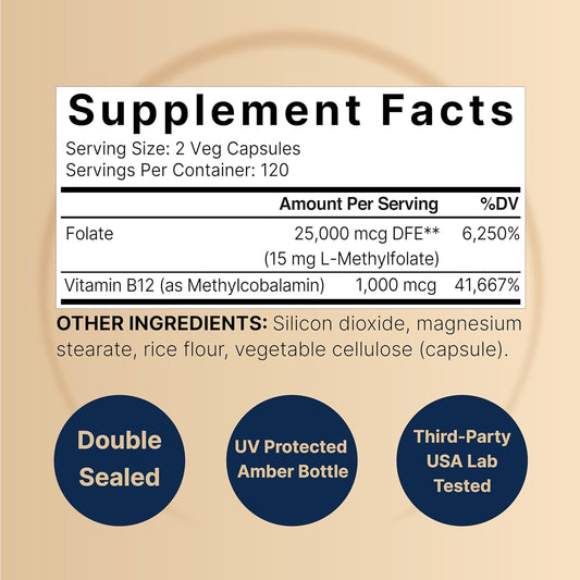 Naturebell L Methylfolate 15Mg, 240 Veggie Capsules | 5-Mthf With Methyl B12 1,000Mcg | High Potency Dual Action For Energy & Cognitive Support, Active Folic Acid – Methyl Folate Supplement